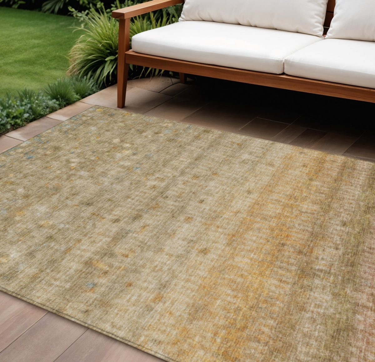 658956 10 x 14 ft. Beige & Gold Striped Washable Transitional Indoor & Outdoor Rectangle Area Rug