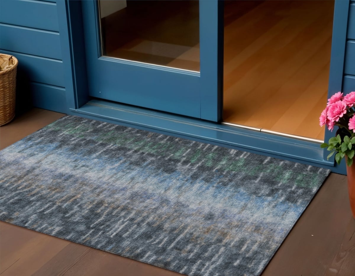 659120 3 x 5 ft. Teal, Blue & Gray Abstract Washable Transitional Indoor & Outdoor Rectangle Area Rug