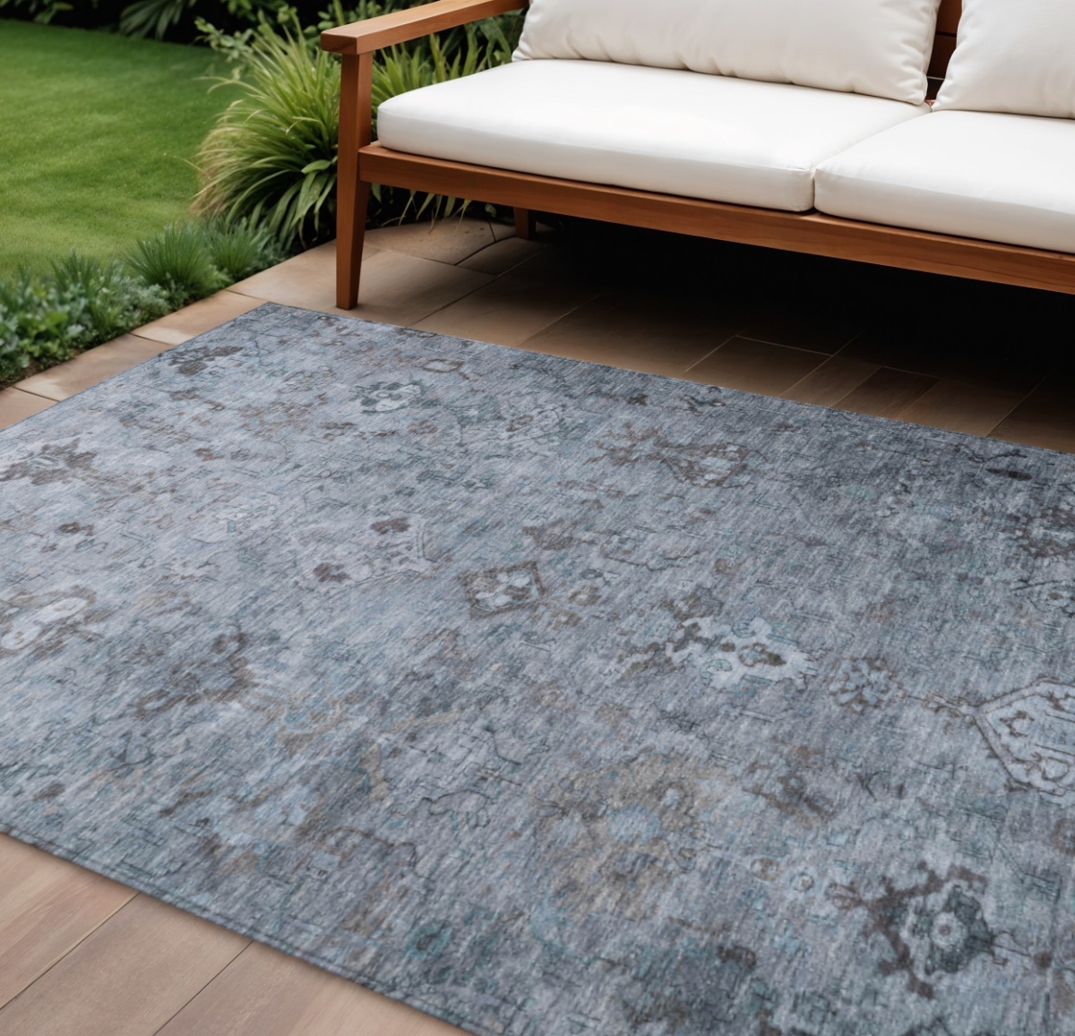 659154 9 x 12 ft. Blue, Gray & Ivory Medallion Washable Traditional Indoor & Outdoor Rectangle Area Rug