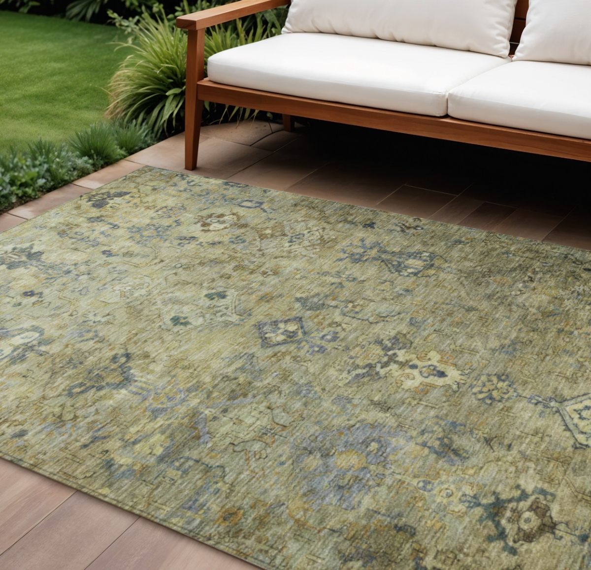 659167 10 x 14 ft. Green Blue & Ivory Medallion Washable Traditional Indoor & Outdoor Rectangle Area Rug