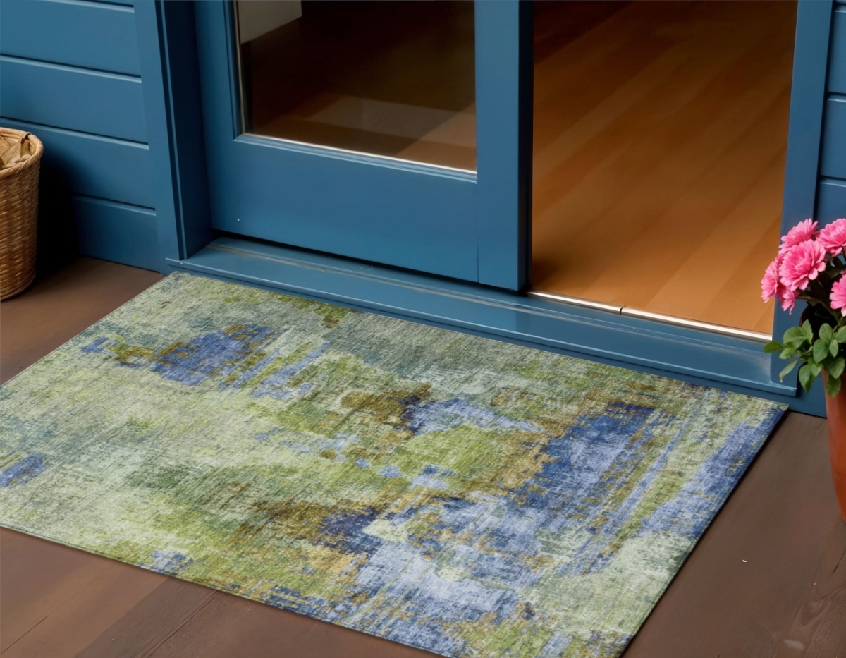 658321 3 x 5 ft. Green Blue & Brown Abstract Washable Transitional Indoor & Outdoor Rectangle Area Rug