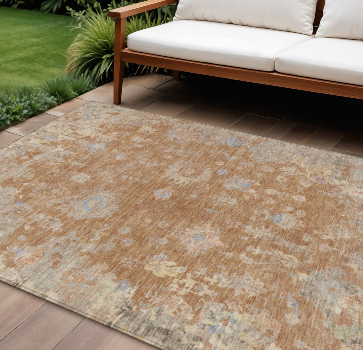658403 9 x 12 ft. Copper & Beige Floral Washable Traditional Indoor & Outdoor Rectangle Area Rug
