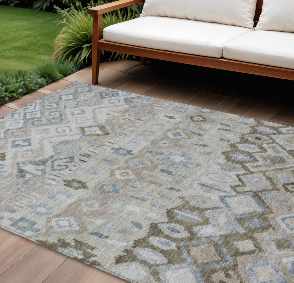 658439 9 x 12 ft. Beige Taupe & Blue Geometric Washable Transitional Indoor & Outdoor Rectangle Area Rug