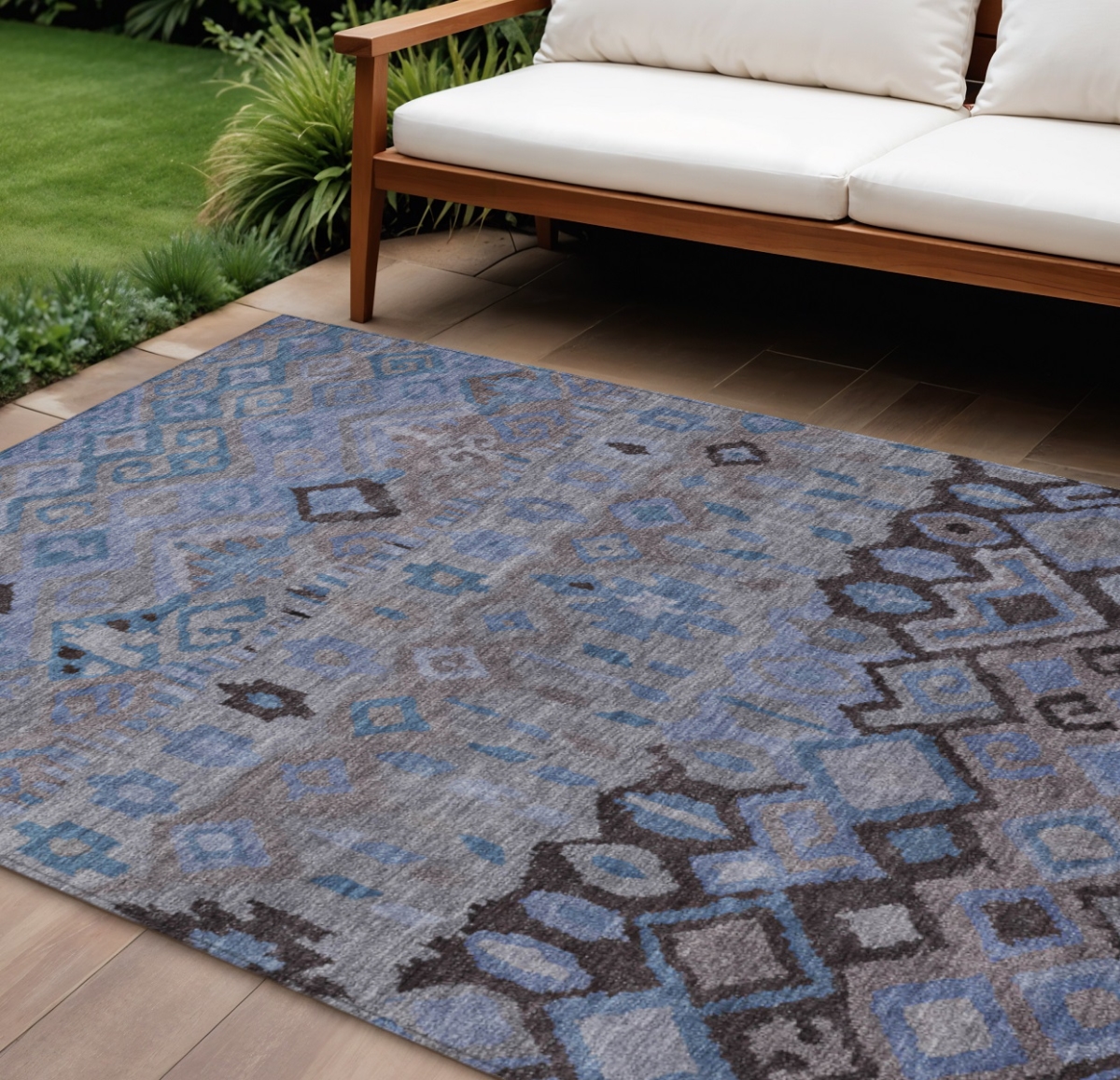 658451 9 x 12 ft. Brown Blue & Charcoal Geometric Washable Transitional Indoor & Outdoor Rectangle Area Rug