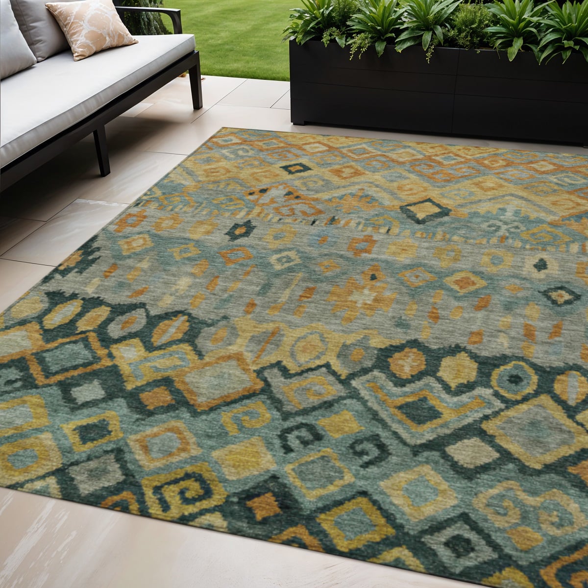 658460 5 x 8 ft. Green Gold & Copper Geometric Washable Transitional Indoor & Outdoor Rectangle Area Rug