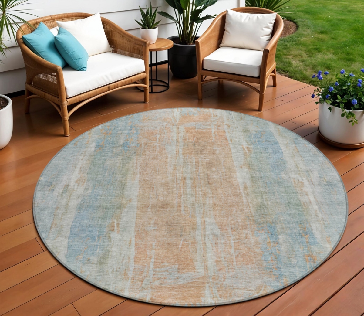 658689 8 ft. Sky Blue & Copper Abstract Washable Transitional Indoor & Outdoor Round Area Rug