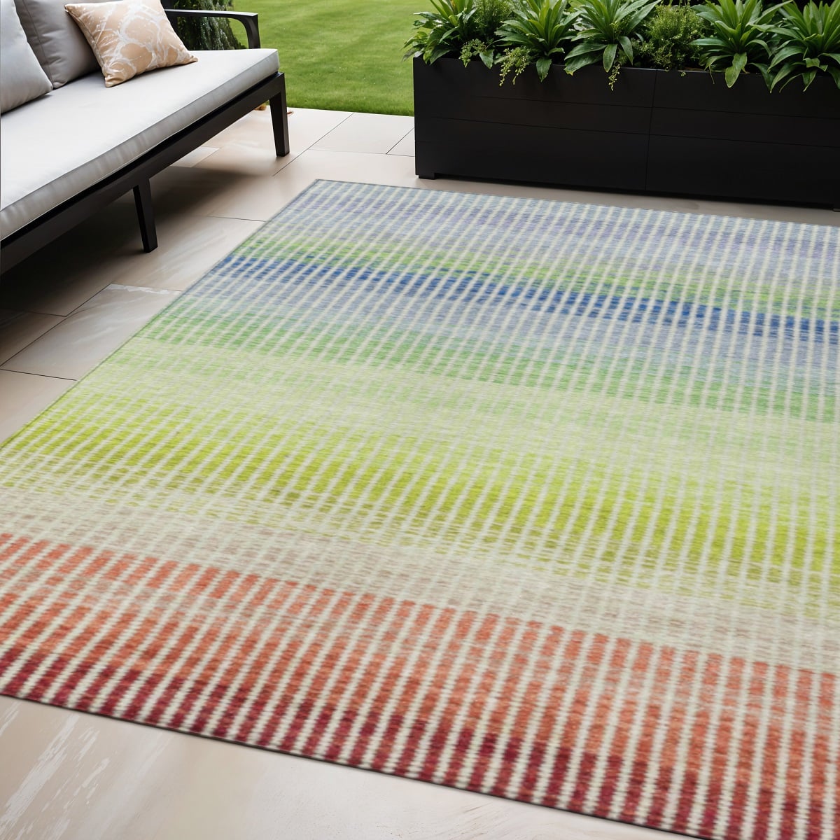 658880 5 x 8 ft. Chili Red Green & Blue Striped Washable Transitional Indoor & Outdoor Rectangle Area Rug