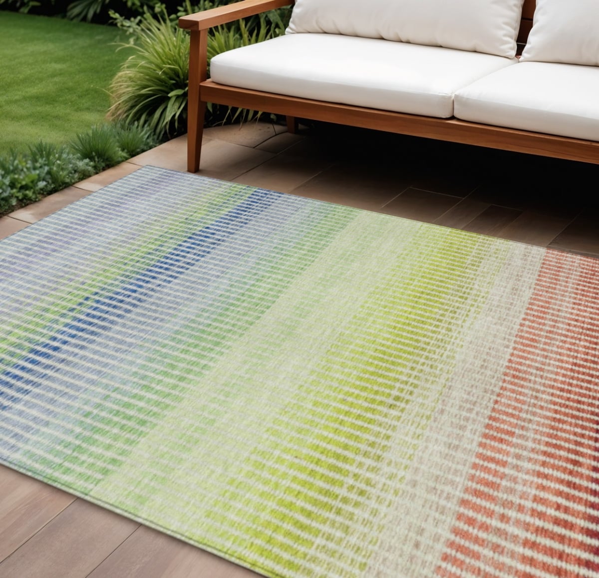 658882 8 x 10 ft. Chili Red Green & Blue Striped Washable Transitional Indoor & Outdoor Rectangle Area Rug