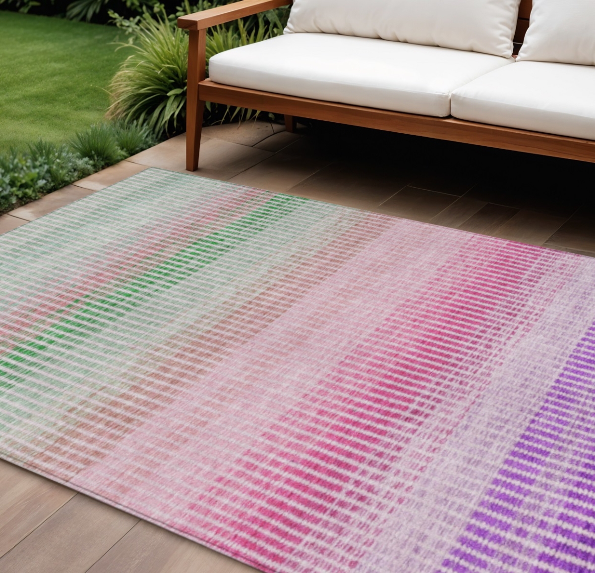 658890 10 x 14 ft. Purple Pink & Green Striped Washable Transitional Indoor & Outdoor Rectangle Area Rug