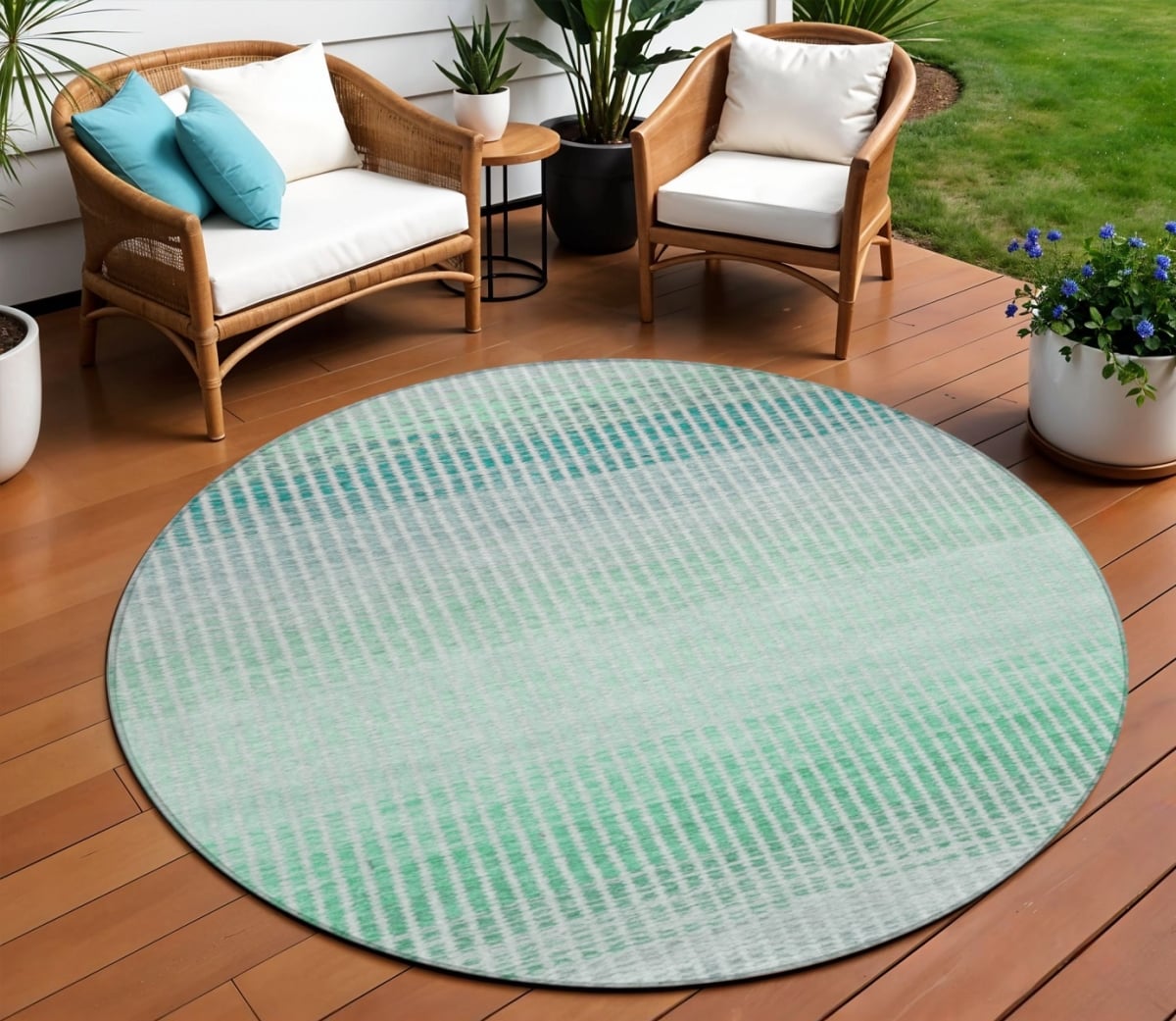 658911 8 ft. Turquoise Ivory & Gray Striped Washable Transitional Indoor & Outdoor Round Area Rug