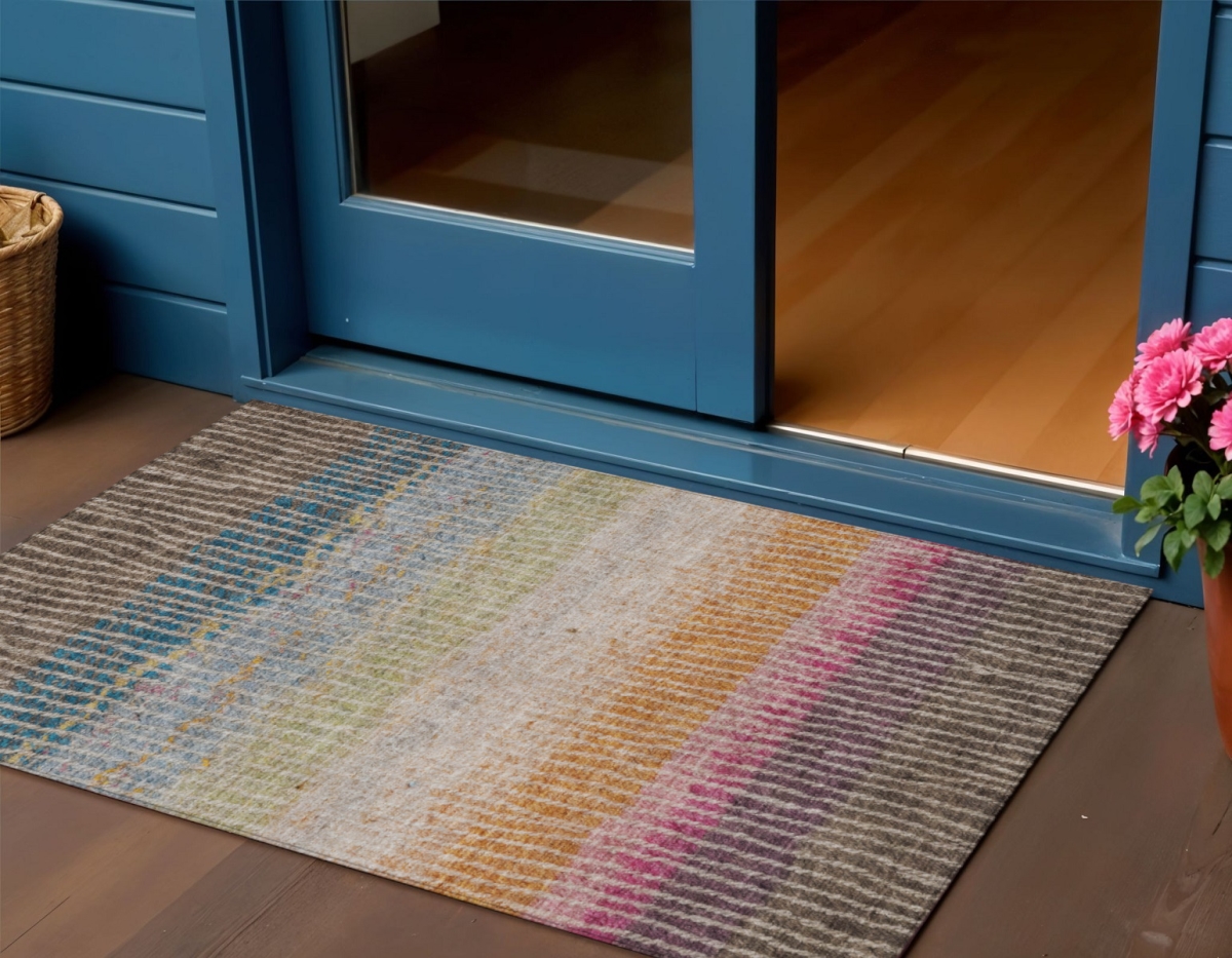 658921 3 x 5 ft. Chocolate Orange & Pink Striped Washable Transitional Indoor & Outdoor Rectangle Area Rug