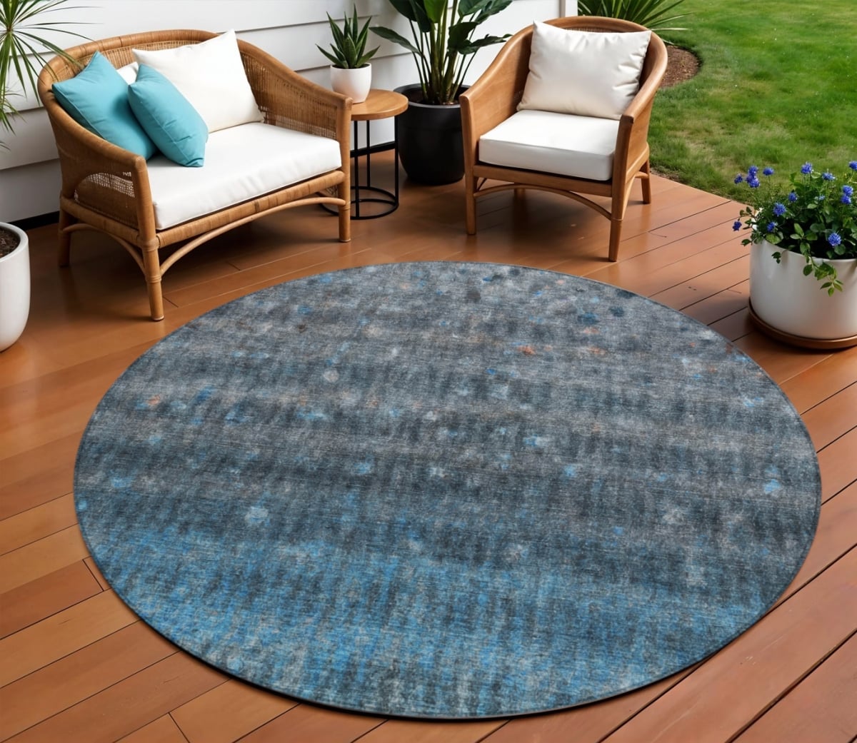 658995 8 ft. Blue & Gray Striped Washable Transitional Indoor & Outdoor Round Area Rug