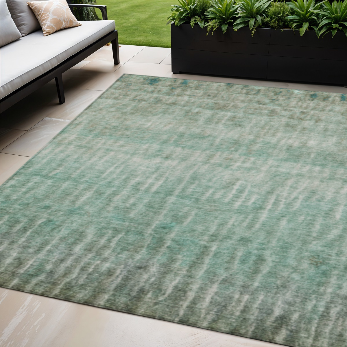 659048 5 x 8 ft. Teal, Blue & Beige Abstract Washable Transitional Indoor & Outdoor Rectangle Area Rug