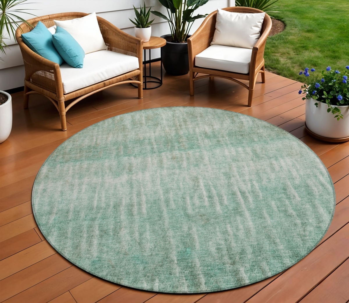 659049 8 ft. Teal, Blue & Beige Abstract Washable Transitional Indoor & Outdoor Round Area Rug