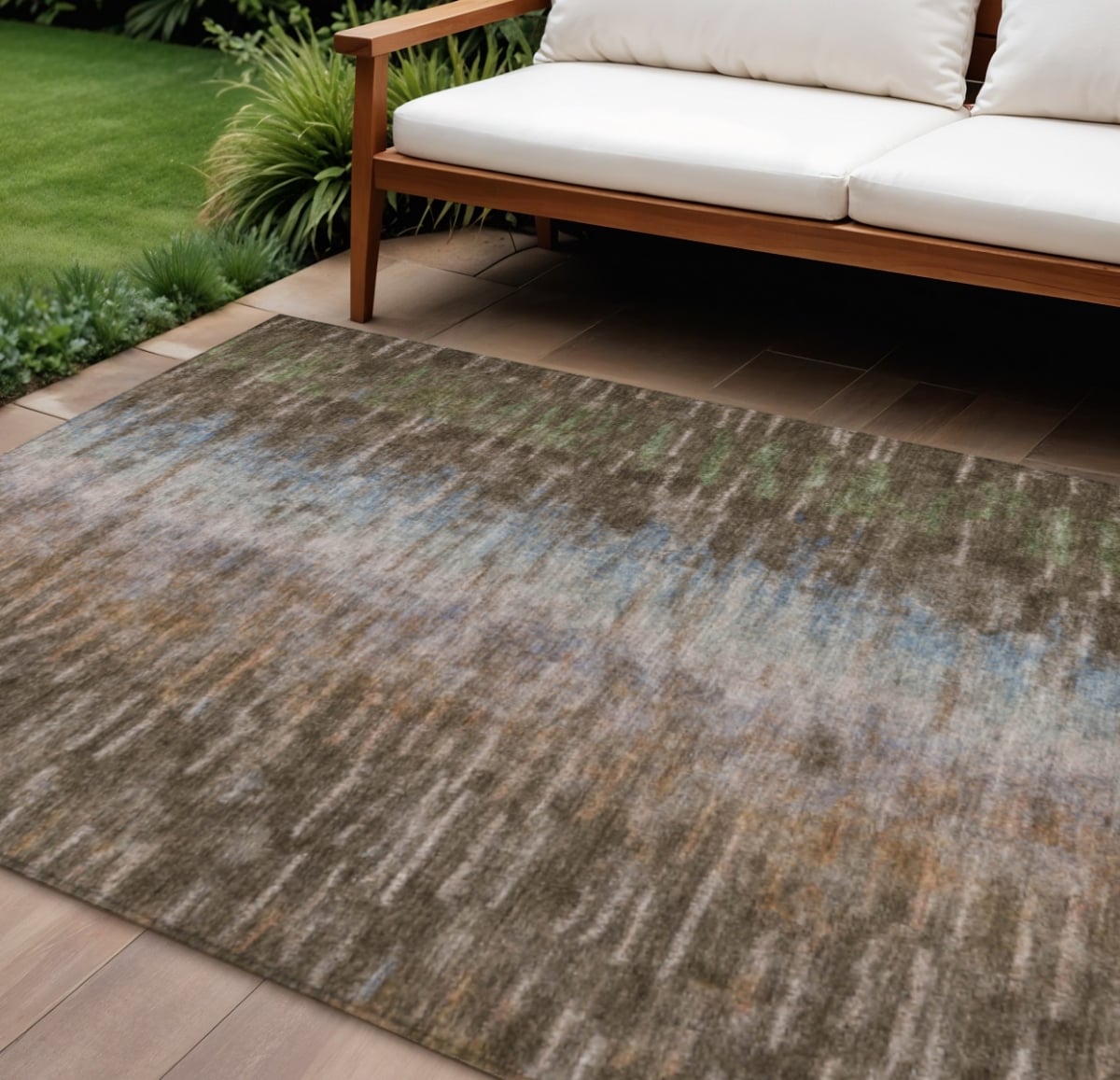 659081 8 x 10 ft. Brown Green & Ivory Abstract Washable Transitional Indoor & Outdoor Rectangle Area Rug