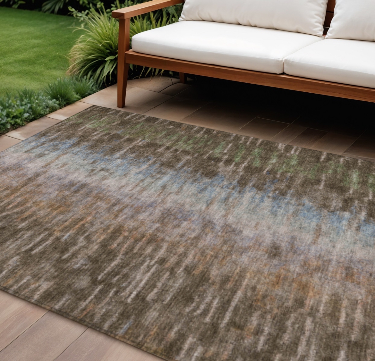 659082 9 x 12 ft. Brown Green & Ivory Abstract Washable Transitional Indoor & Outdoor Rectangle Area Rug