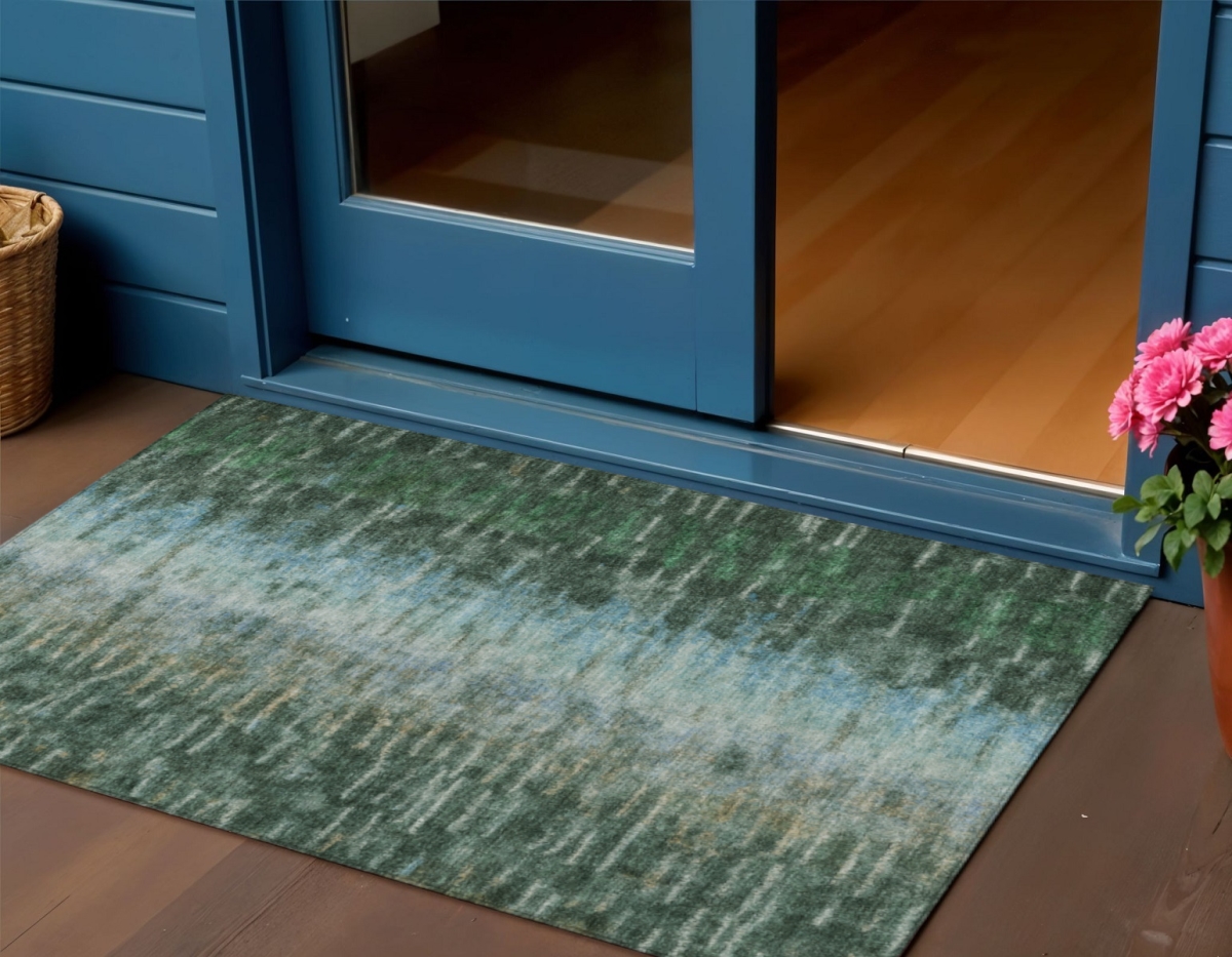 659096 3 x 5 ft. Emerald Teal, Blue & Ivory Abstract Washable Transitional Indoor & Outdoor Rectangle Area Rug