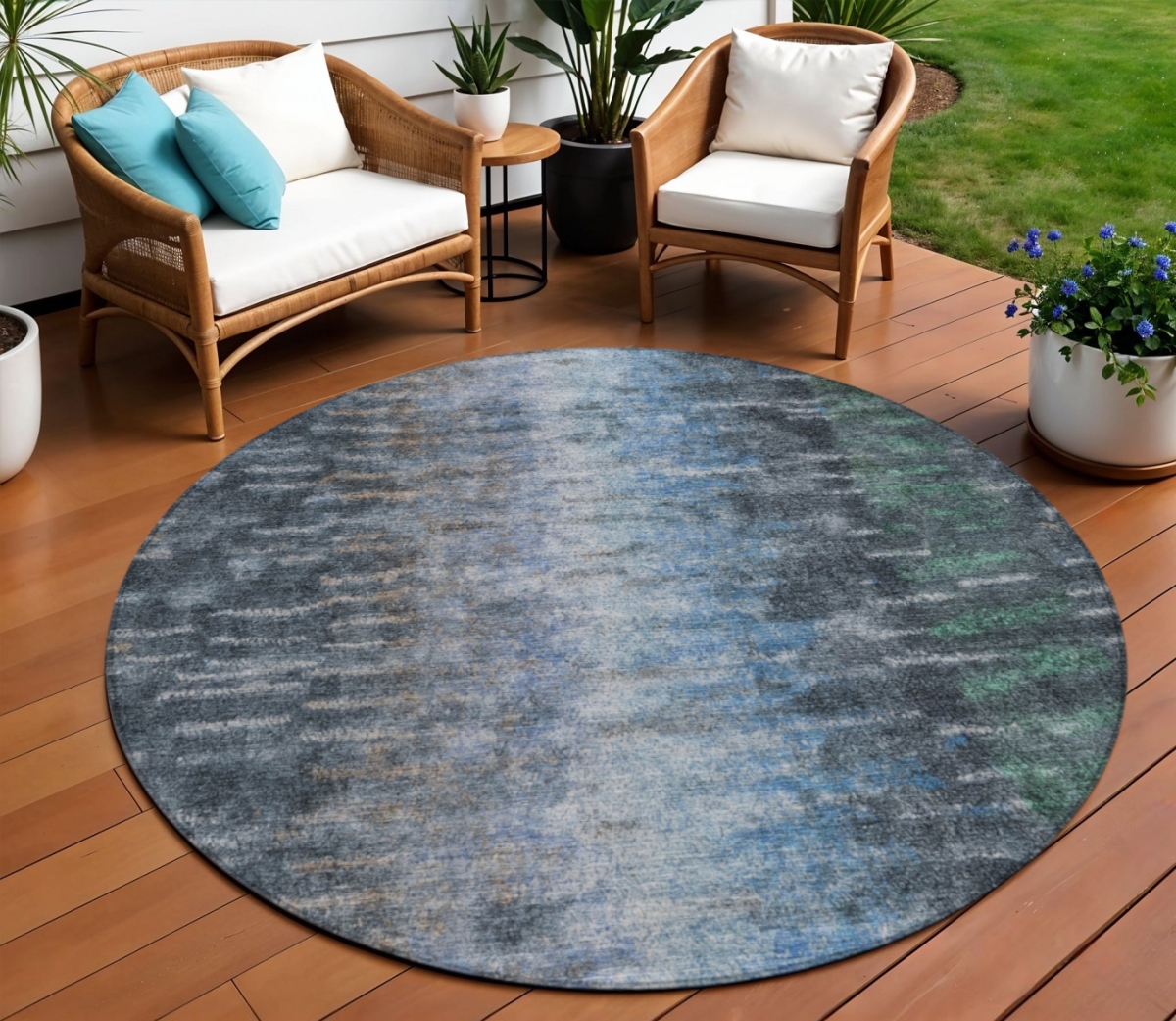 659122 8 ft. Teal, Blue & Gray Abstract Washable Transitional Indoor & Outdoor Round Area Rug