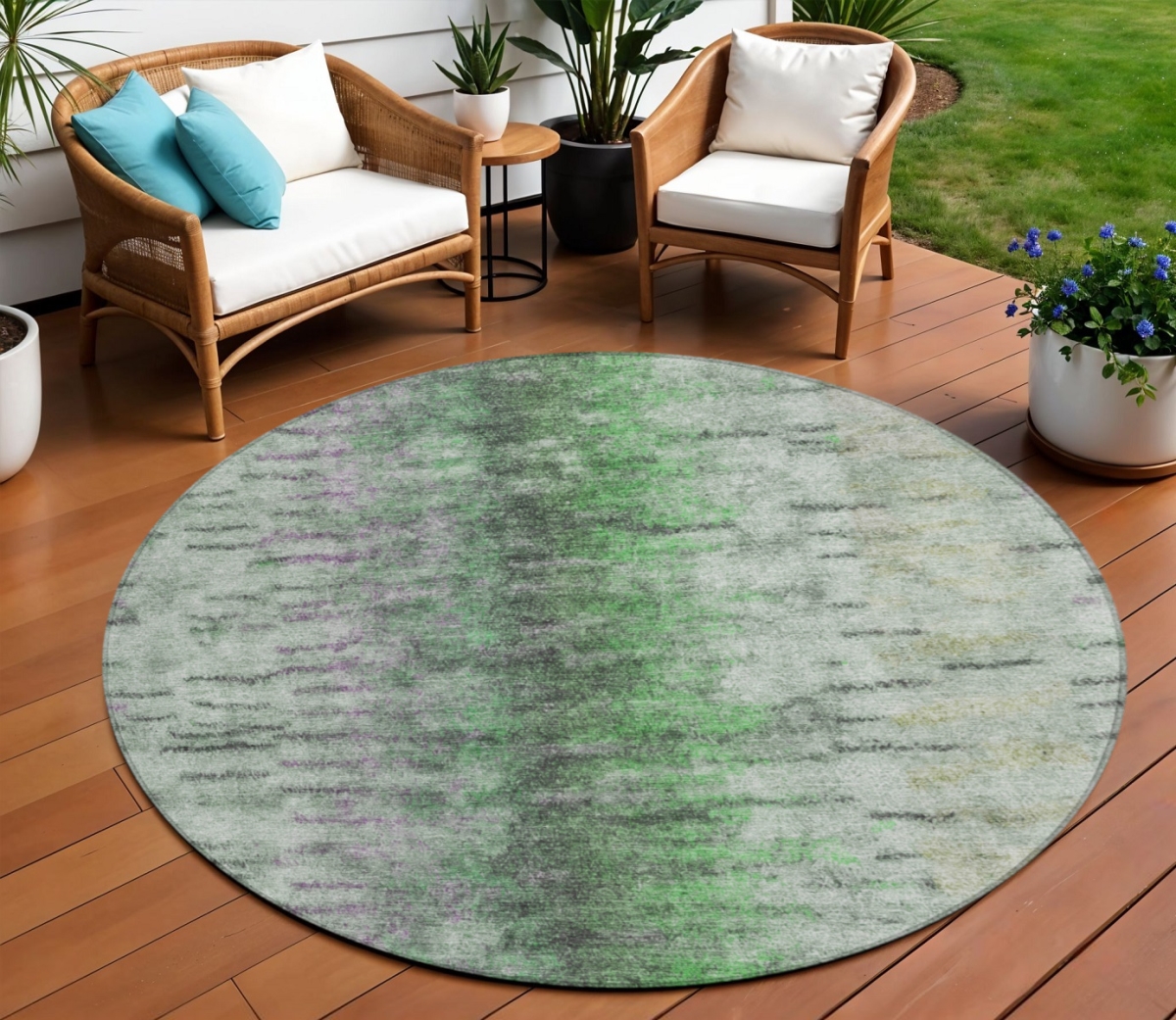 659140 8 ft. Green Gray & Ivory Abstract Washable Transitional Indoor & Outdoor Round Area Rug