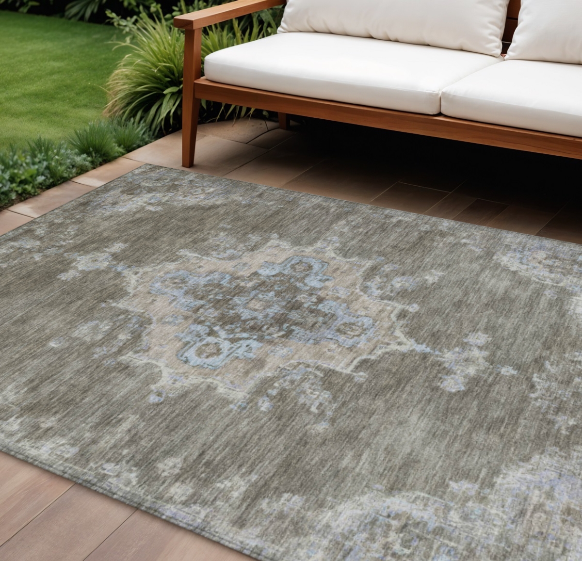 659202 9 x 12 ft. Brown, Beige & Blue Medallion Washable Traditional Indoor & Outdoor Rectangle Area Rug