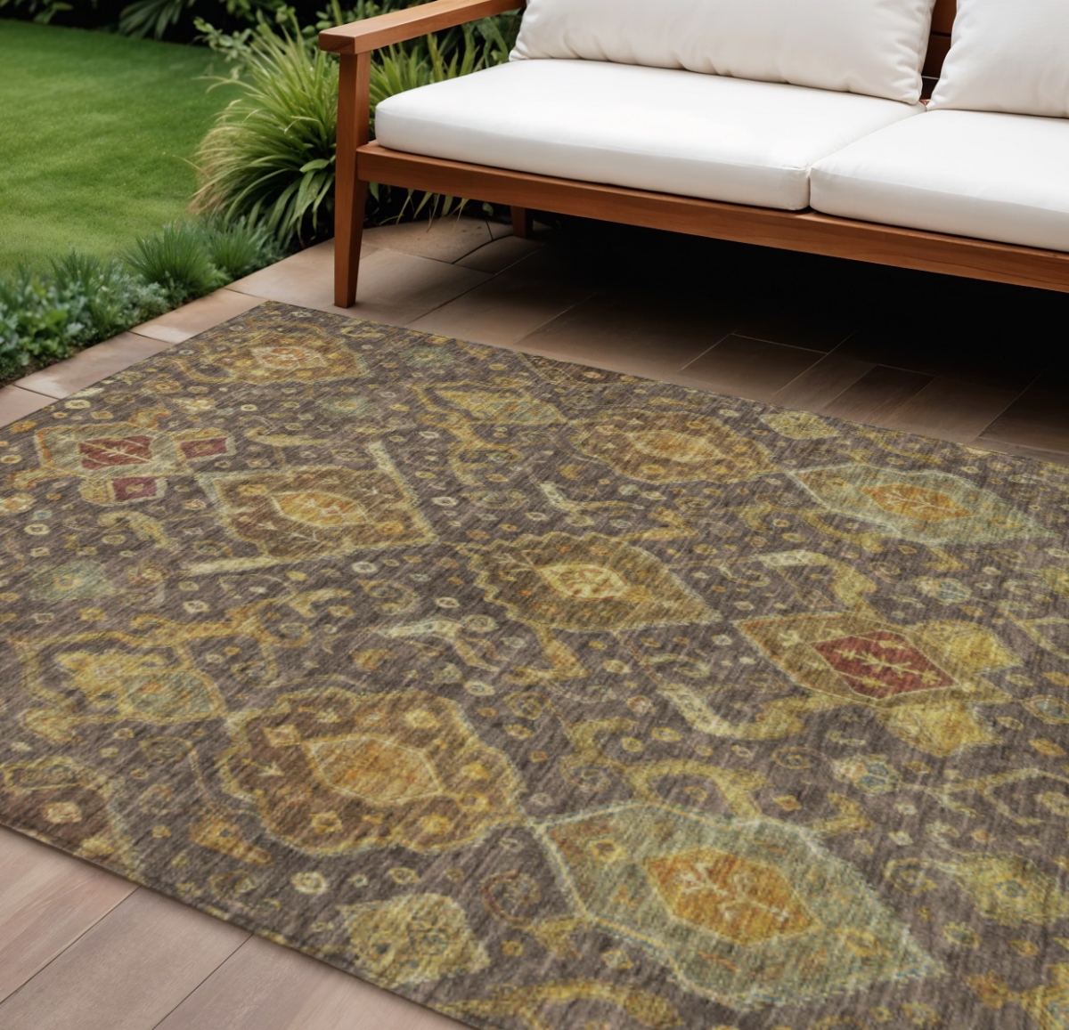 658572 10 x 14 ft. Chocolate Gold & Burgundy Ikat Washable Traditional Indoor & Outdoor Rectangle Area Rug