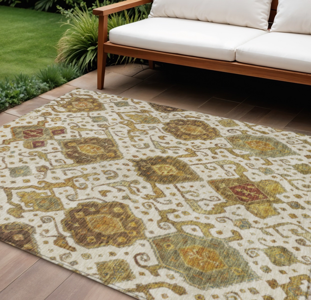 658584 10 x 14 ft. Ivory Brown & Gold Ikat Washable Traditional Indoor & Outdoor Rectangle Area Rug