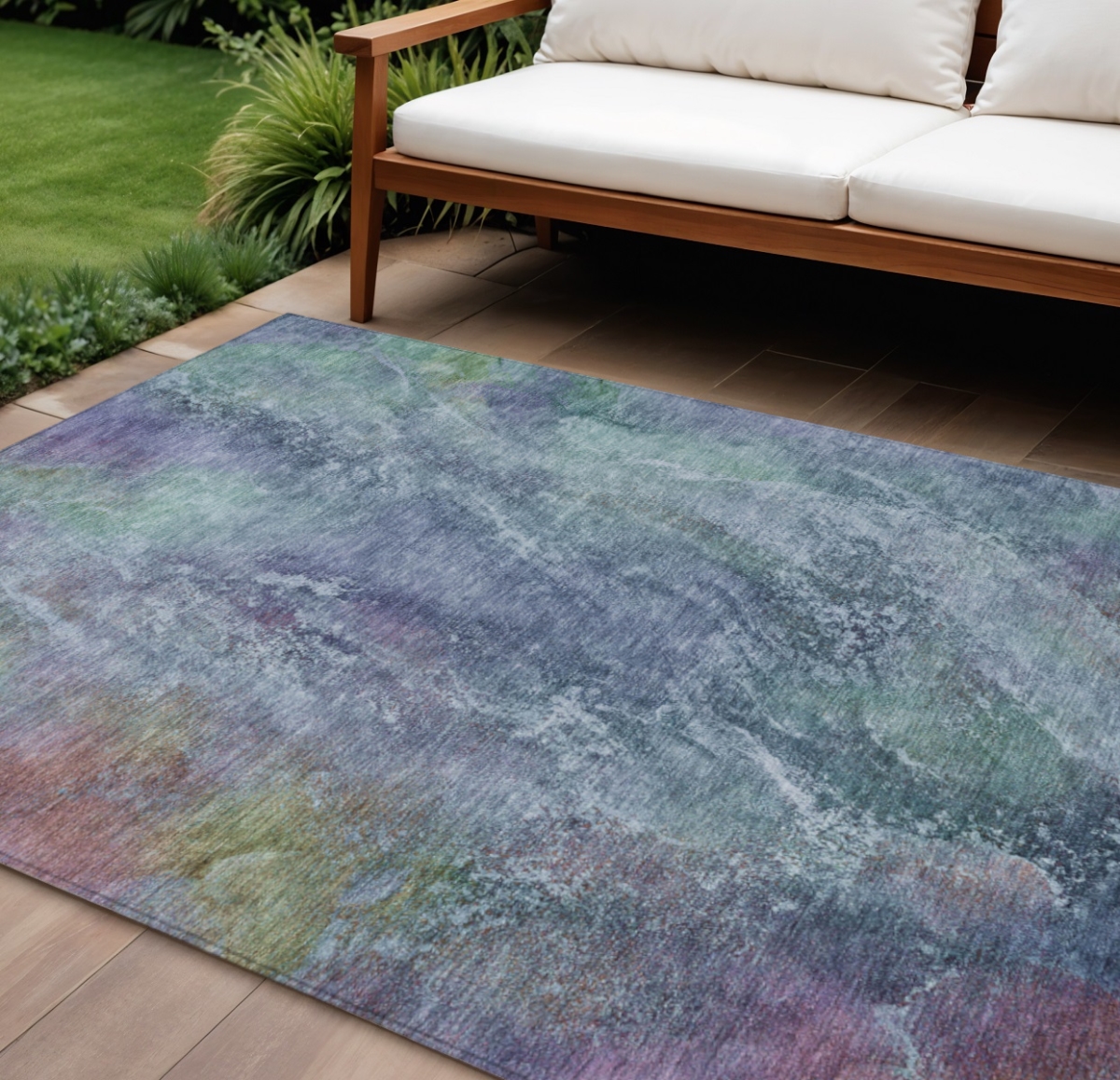 658632 10 x 14 ft. Blue, Gray & Green Abstract Washable Transitional Indoor & Outdoor Rectangle Area Rug
