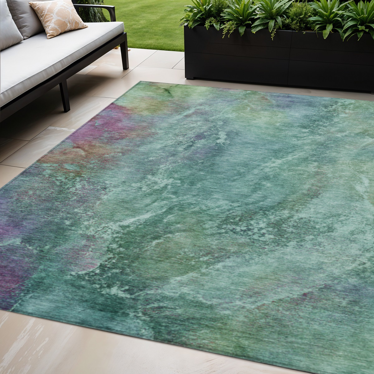658652 5 x 8 ft. Teal Blue, Green & Purple Abstract Washable Transitional Indoor & Outdoor Rectangle Area Rug