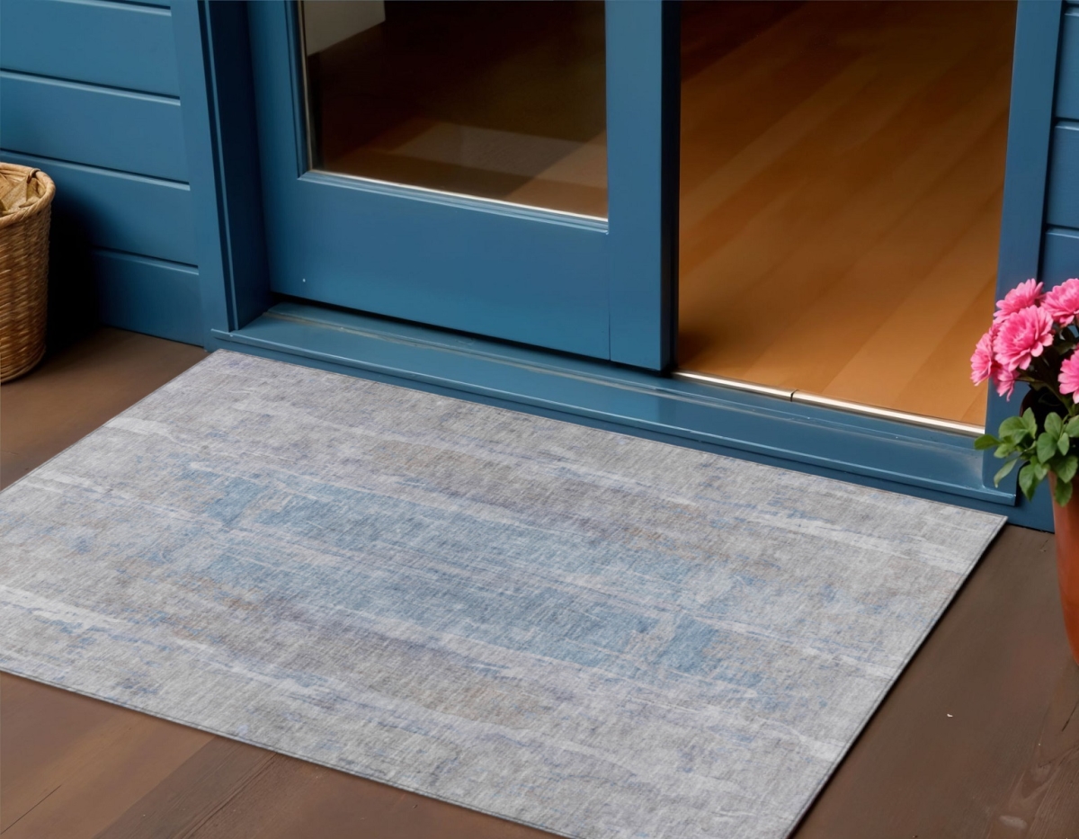 658657 3 x 5 ft. Beige & Blue Abstract Washable Transitional Indoor & Outdoor Rectangle Area Rug
