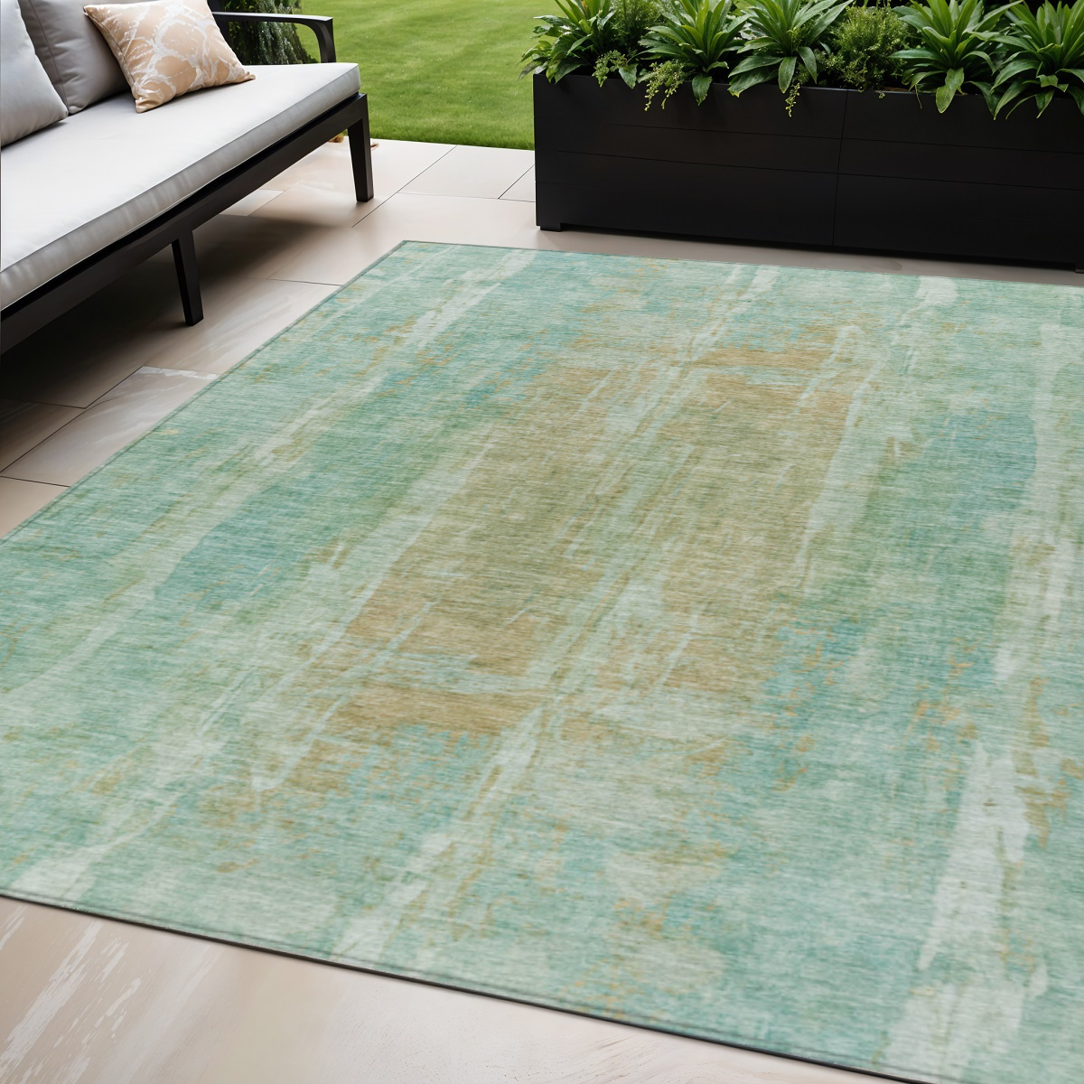 658694 5 x 8 ft. Teal, Blue & Copper Abstract Washable Transitional Indoor & Outdoor Rectangle Area Rug