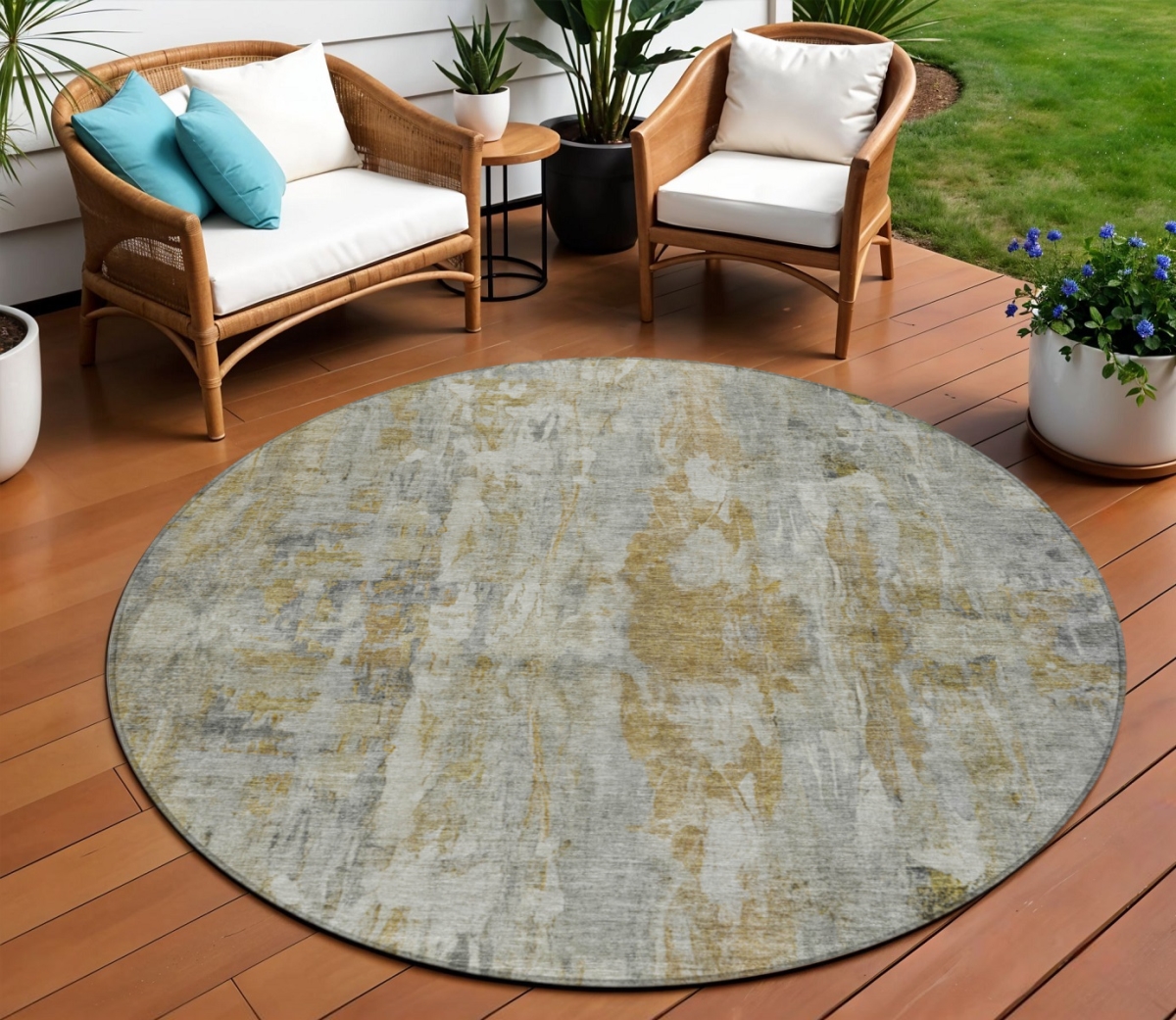658731 8 ft. Pewter & Gray Abstract Washable Transitional Indoor & Outdoor Round Area Rug