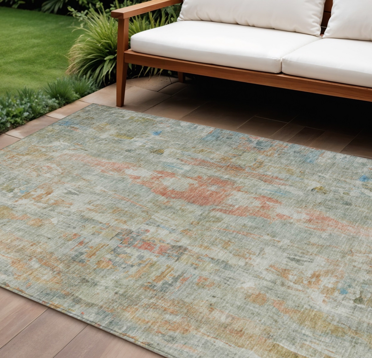 658740 10 x 14 ft. Sage & Copper Abstract Washable Transitional Indoor & Outdoor Rectangle Area Rug