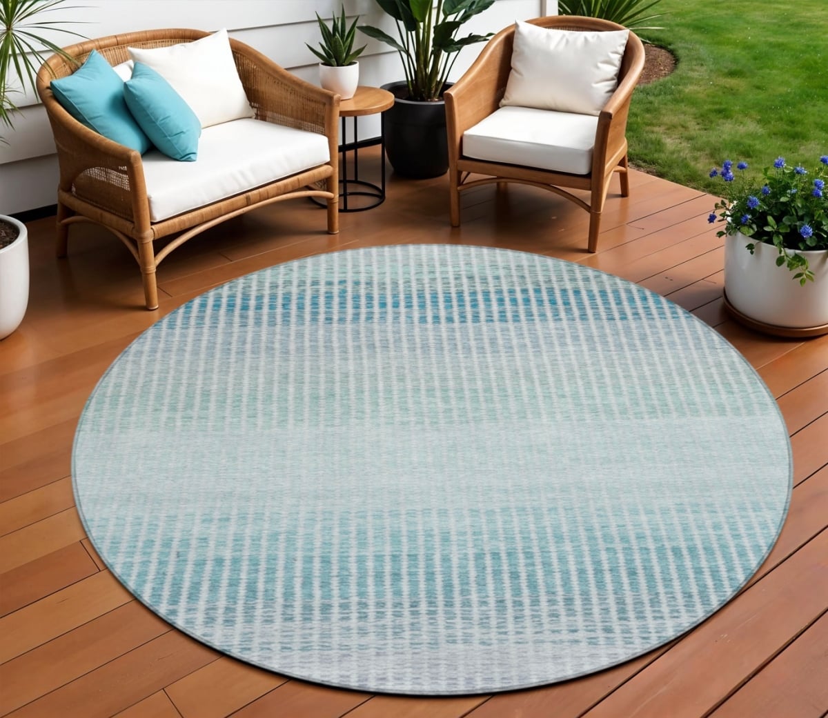 658845 8 ft. Blue, Ivory & Gray Striped Washable Transitional Indoor & Outdoor Round Area Rug