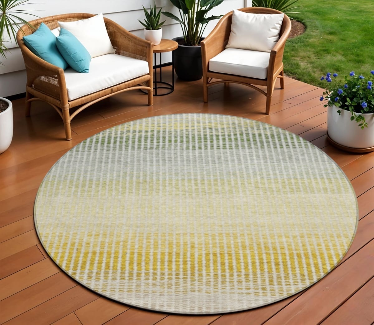 658857 8 ft. Copper Gray & Beige Striped Washable Transitional Indoor & Outdoor Round Area Rug
