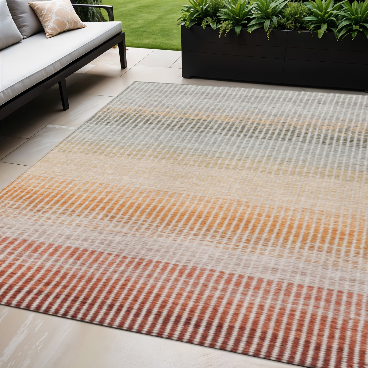 658904 5 x 8 ft. Terra Cotta Orange & Gray Striped Washable Transitional Indoor & Outdoor Rectangle Area Rug