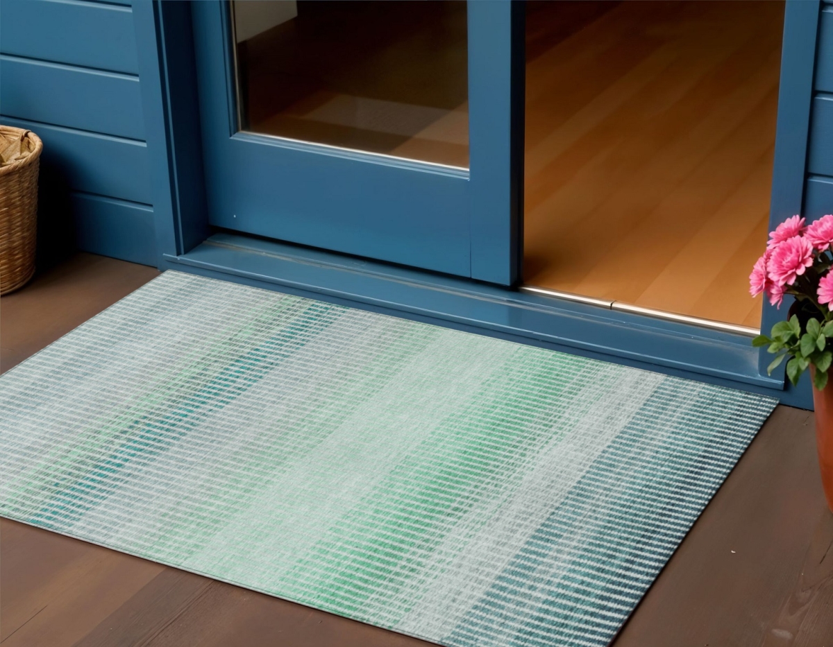658909 3 x 5 ft. Turquoise Ivory & Gray Striped Washable Transitional Indoor & Outdoor Rectangle Area Rug
