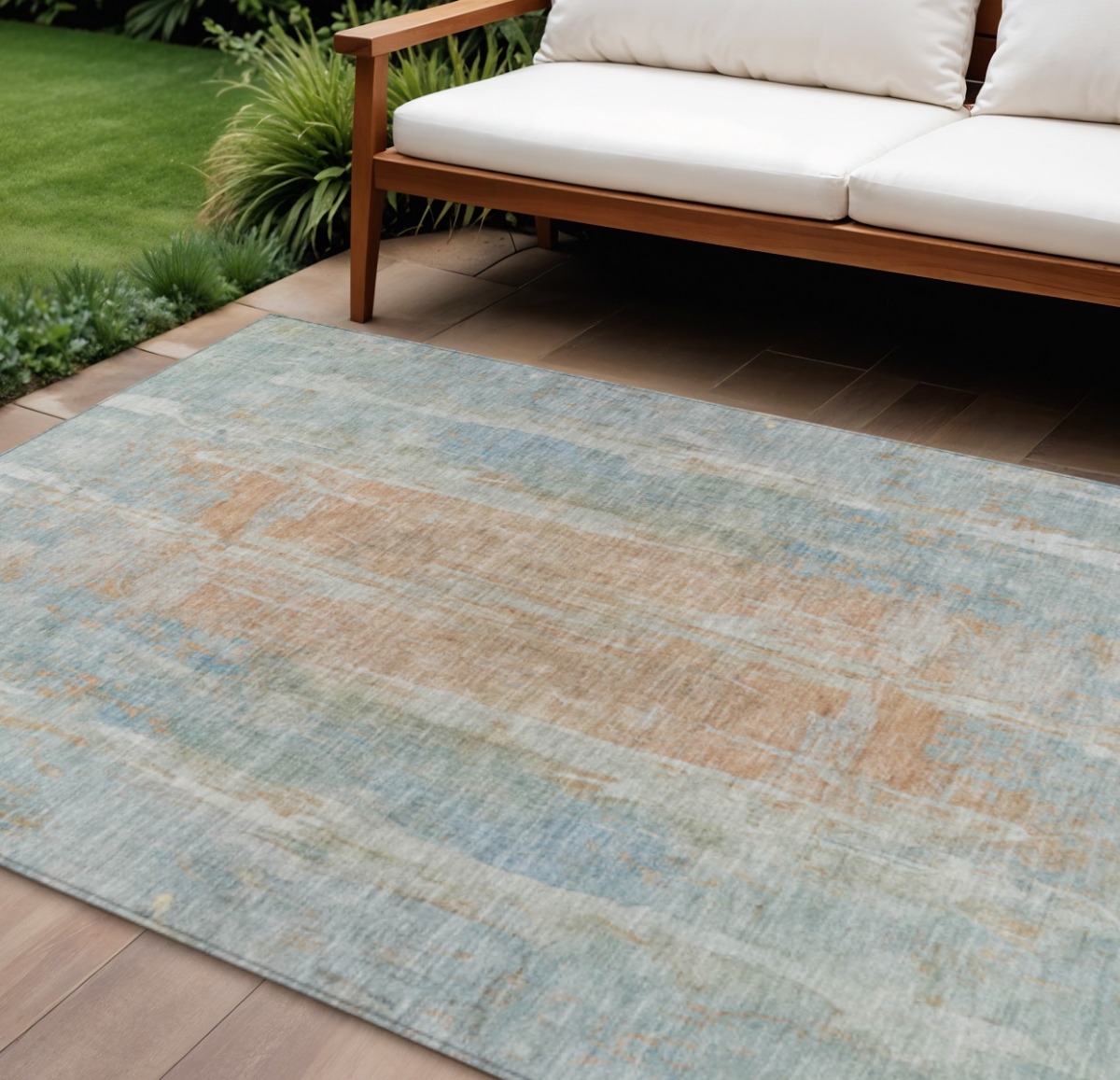 658690 8 x 10 ft. Sky Blue & Copper Abstract Washable Transitional Indoor & Outdoor Rectangle Area Rug