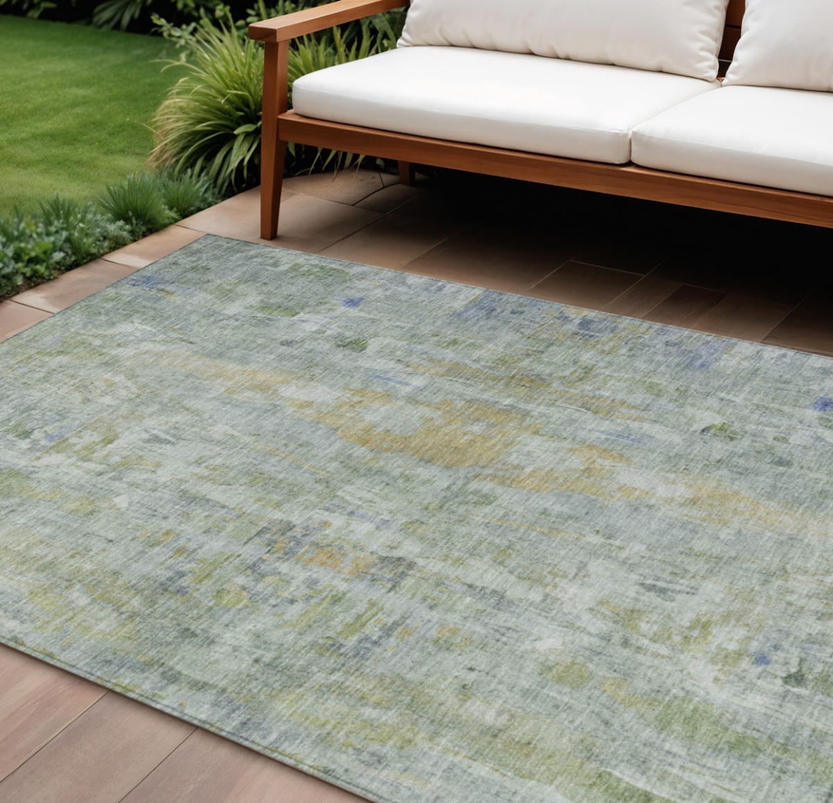 658703 9 x 12 ft. Artichoke Green & Blue Abstract Washable Transitional Indoor & Outdoor Rectangle Area Rug