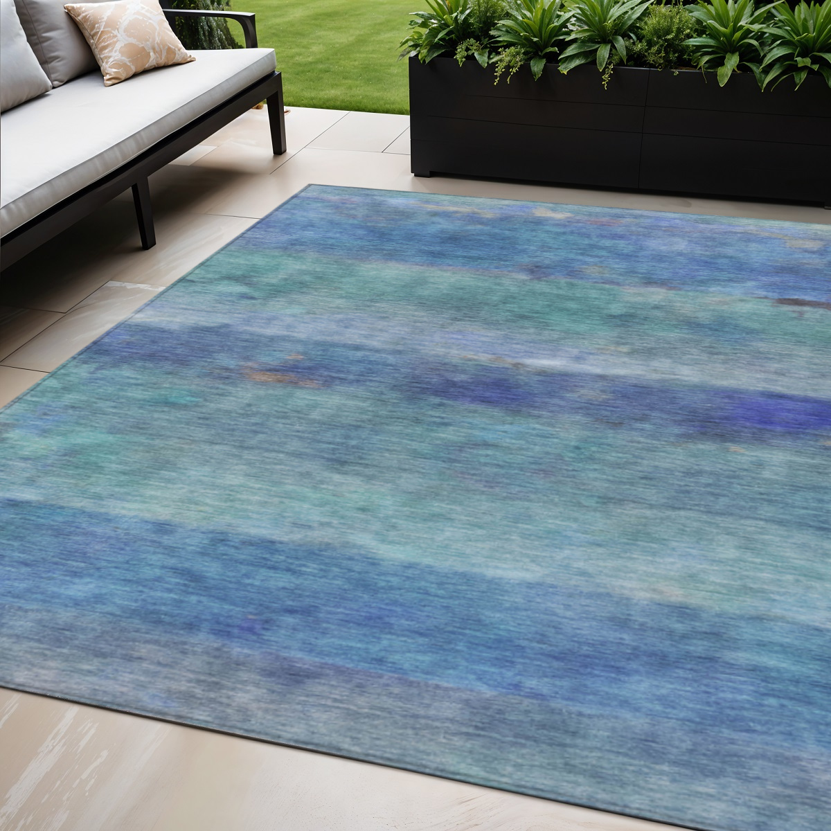 658760 5 x 8 ft. Blue & Ivory Abstract Washable Transitional Indoor & Outdoor Rectangle Area Rug