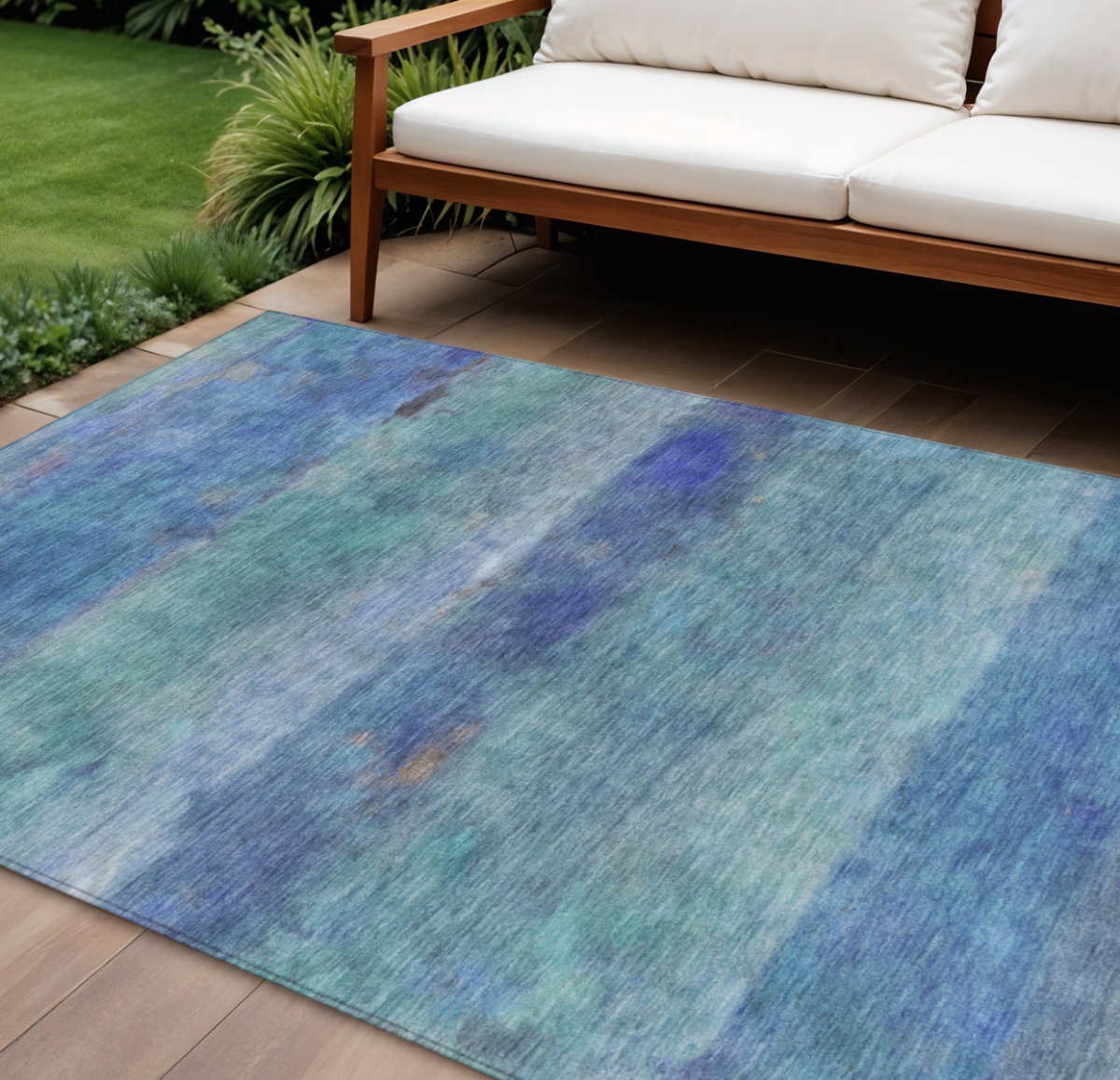 658762 8 x 10 ft. Blue & Ivory Abstract Washable Transitional Indoor & Outdoor Rectangle Area Rug