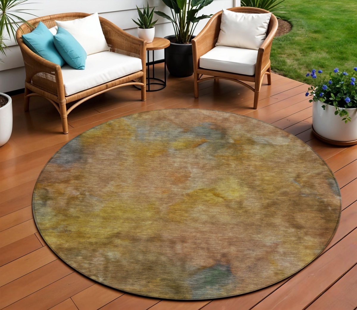658809 8 ft. Copper & Gold Abstract Washable Transitional Indoor & Outdoor Round Area Rug