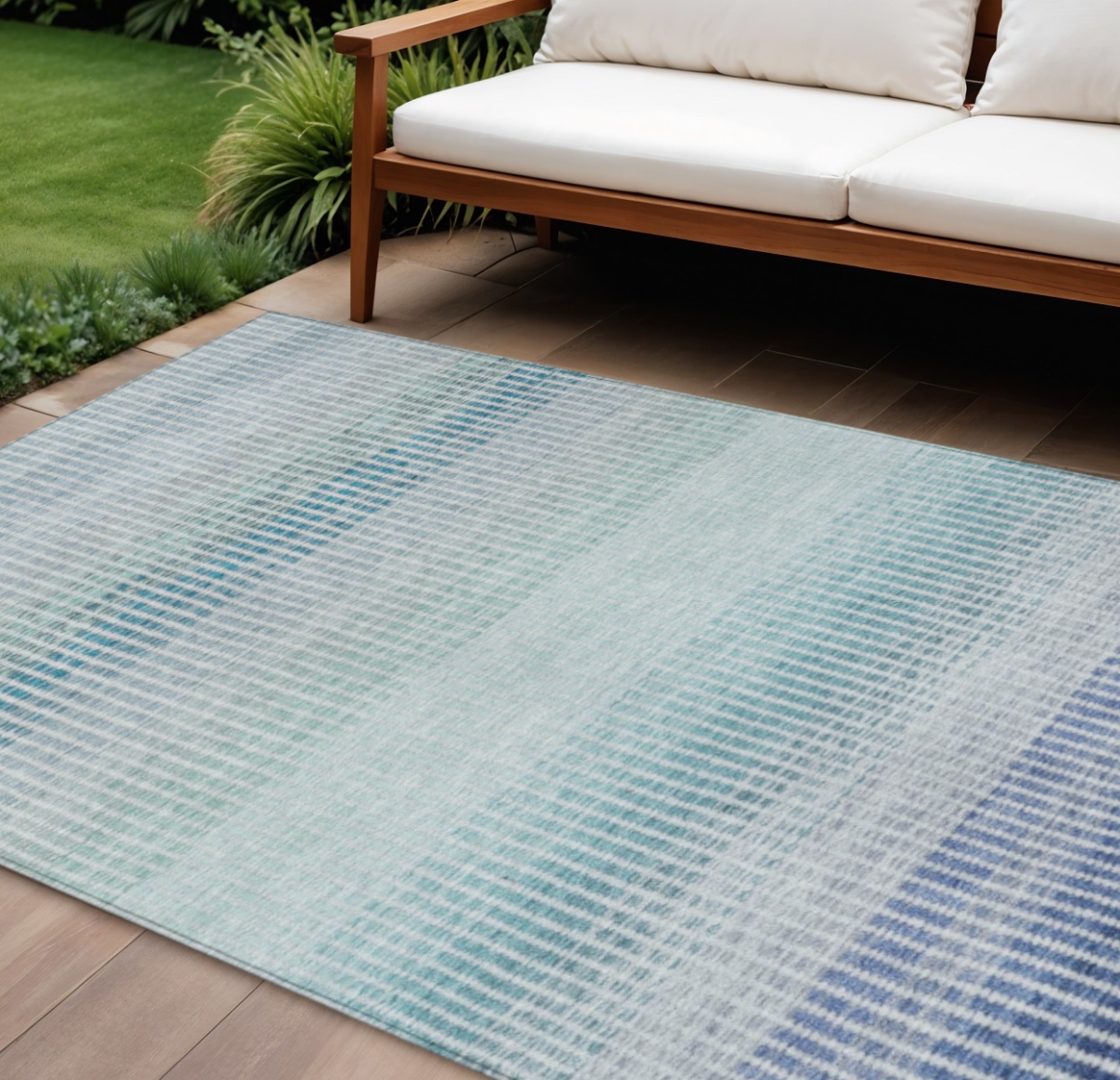 658847 9 x 12 ft. Blue, Ivory & Gray Striped Washable Transitional Indoor & Outdoor Rectangle Area Rug