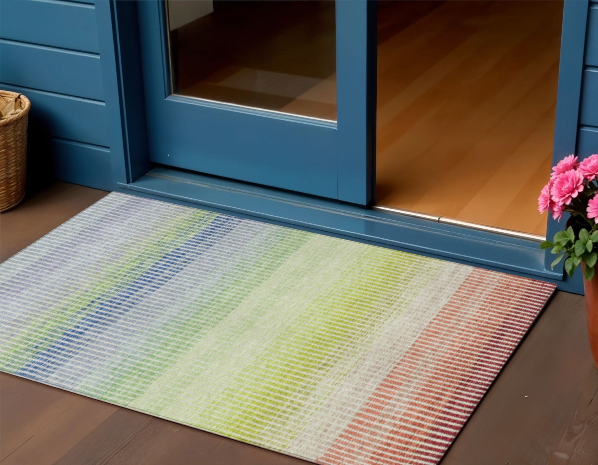 658879 3 x 5 ft. Chili Red Green & Blue Striped Washable Transitional Indoor & Outdoor Rectangle Area Rug