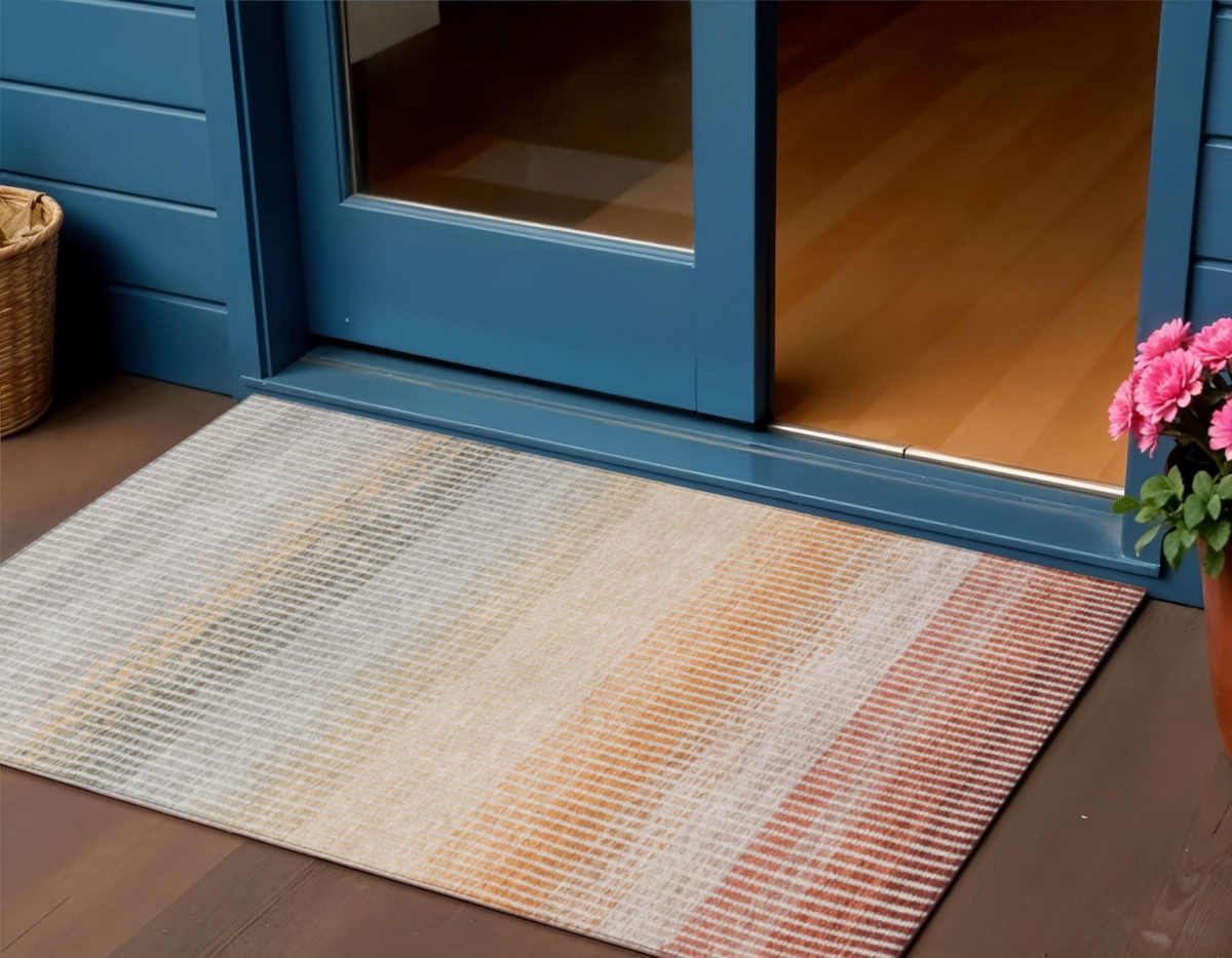 658903 3 x 5 ft. Terra Cotta Orange & Gray Striped Washable Transitional Indoor & Outdoor Rectangle Area Rug