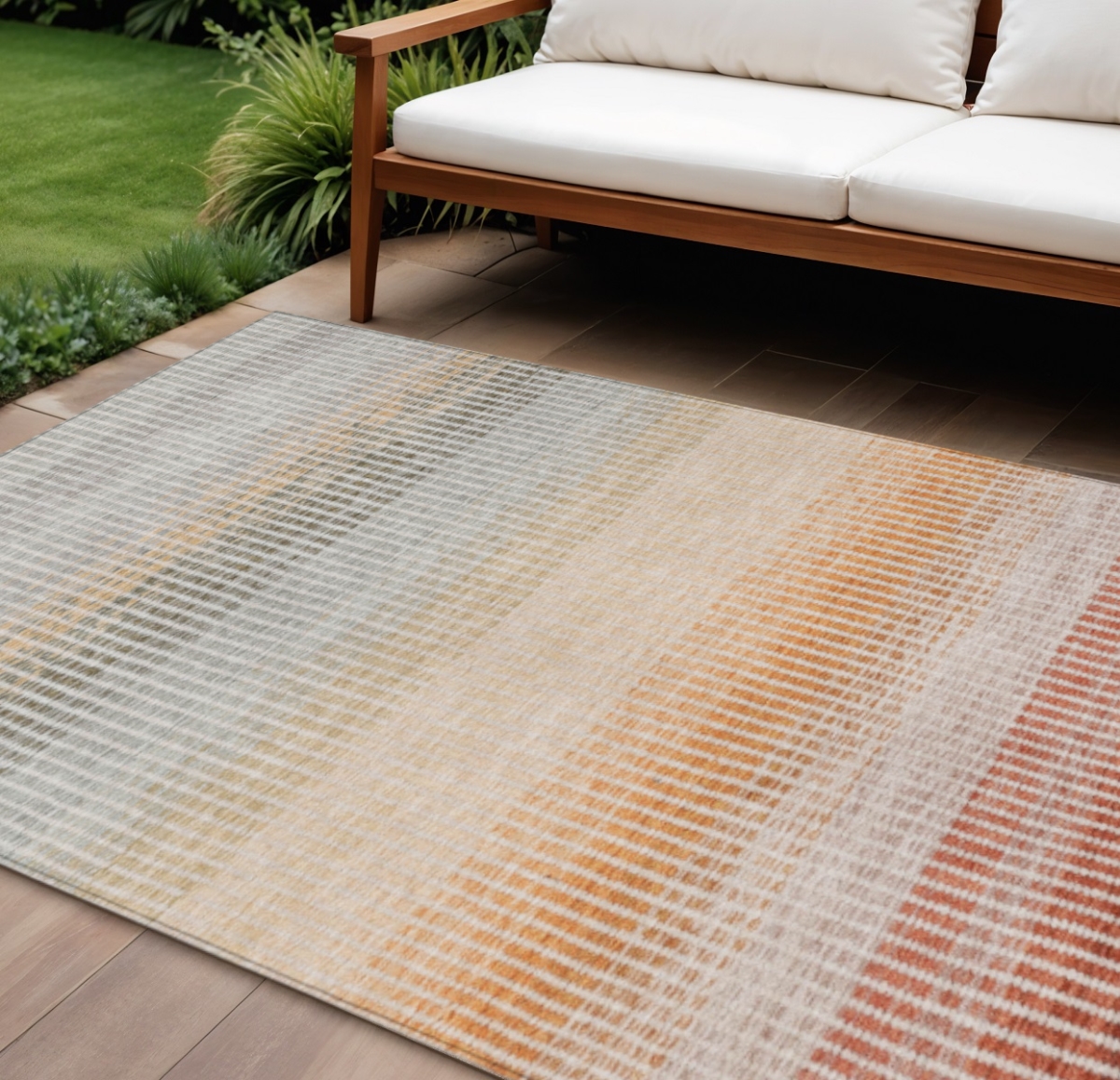 658908 10 x 14 ft. Terra Cotta Orange & Gray Striped Washable Transitional Indoor & Outdoor Rectangle Area Rug
