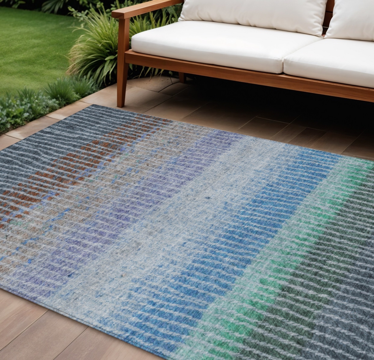 658919 9 x 12 ft. Blue Brown & Green Striped Washable Transitional Indoor & Outdoor Rectangle Area Rug