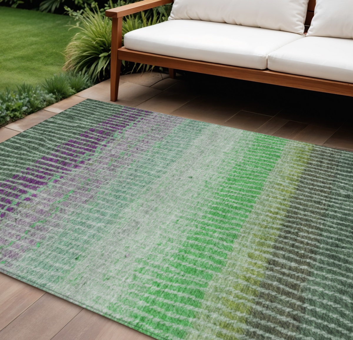 658931 9 x 12 ft. Fern Green & Purple Striped Washable Transitional Indoor & Outdoor Rectangle Area Rug