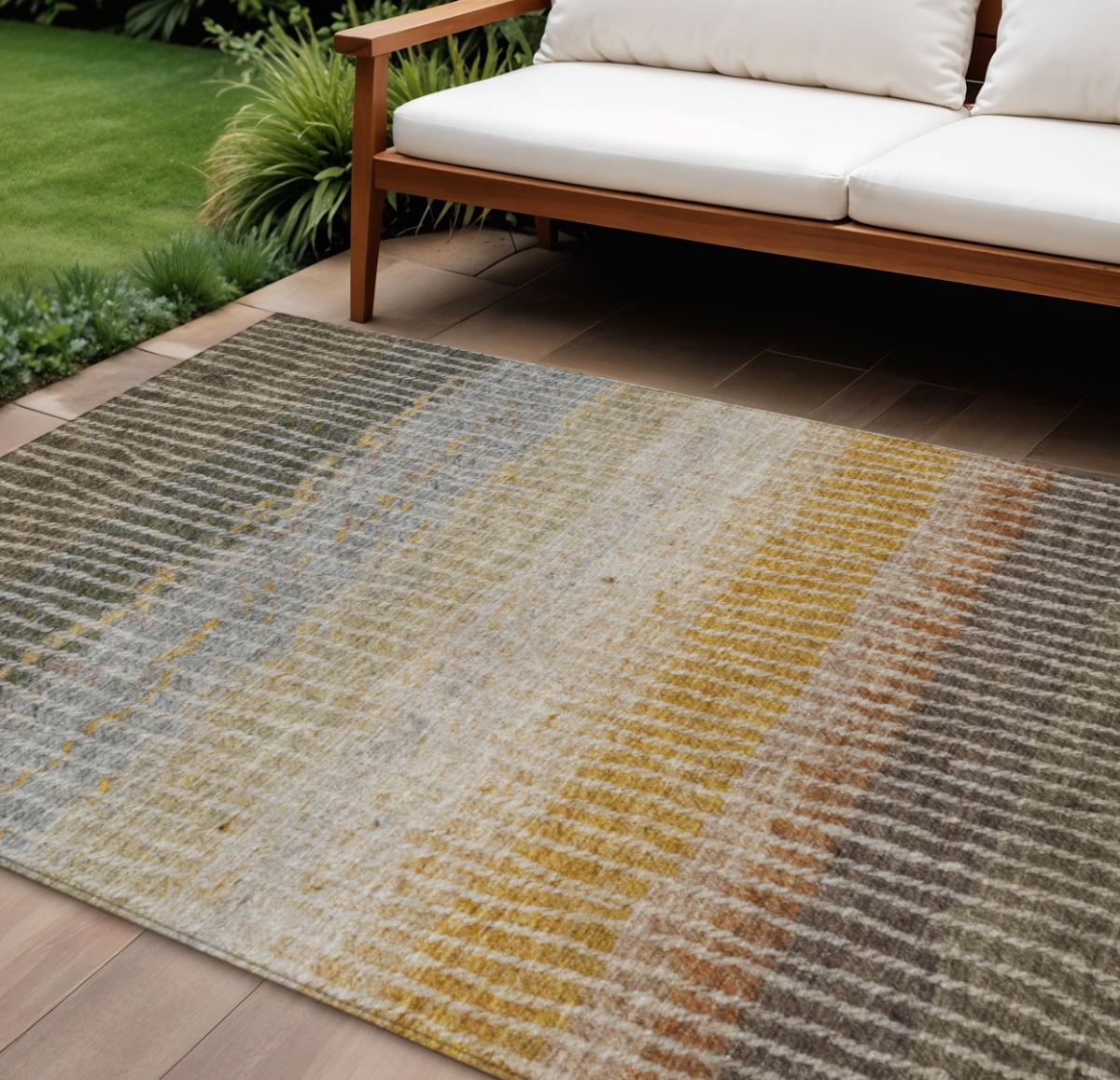 658937 9 x 12 ft. Brown Gold & Gray Striped Washable Transitional Indoor & Outdoor Rectangle Area Rug