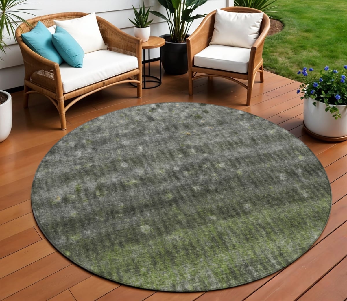 659013 8 ft. Olive Green & Gray Striped Washable Transitional Indoor & Outdoor Round Area Rug