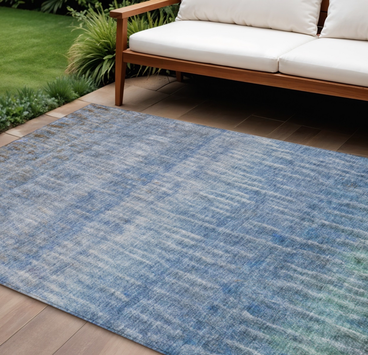 659028 10 x 14 ft. Blue & Ivory Abstract Washable Transitional Indoor & Outdoor Rectangle Area Rug